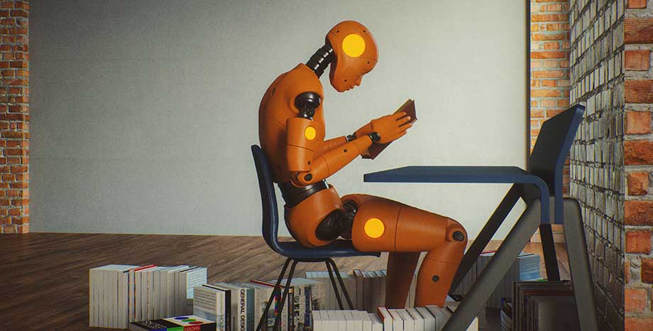 Robot reading book machine learning statistics