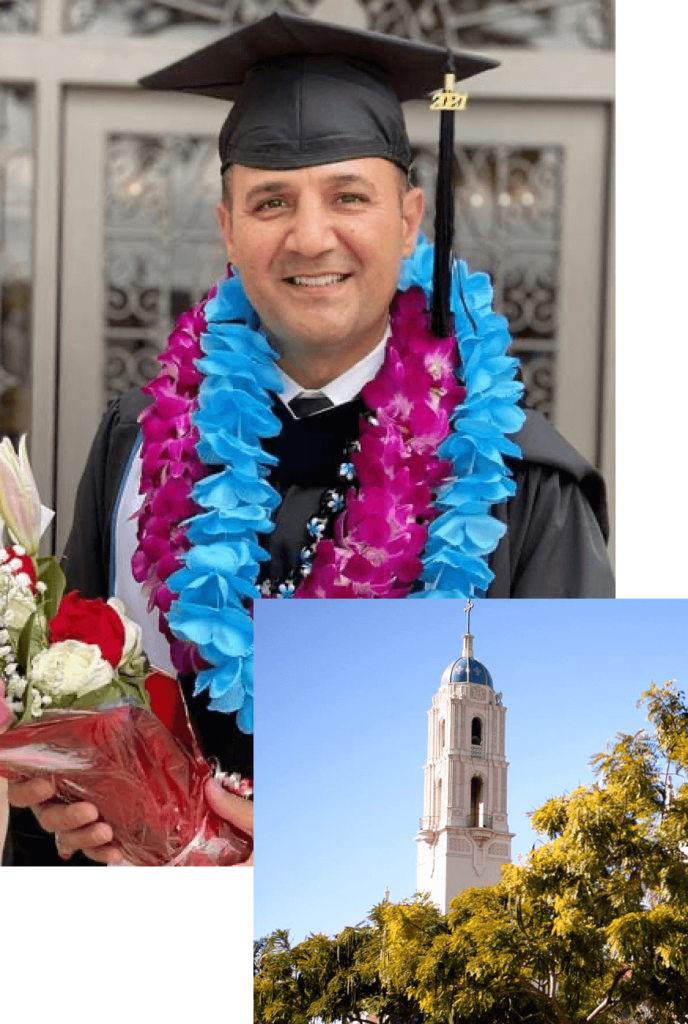 Collage of graduate with flower leis and bouquet of flowers and an image of the immaculata church