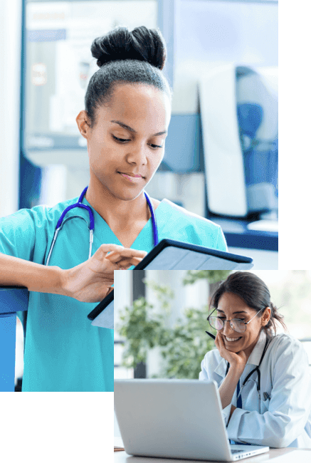 Two female healthcare informatics workers on devices