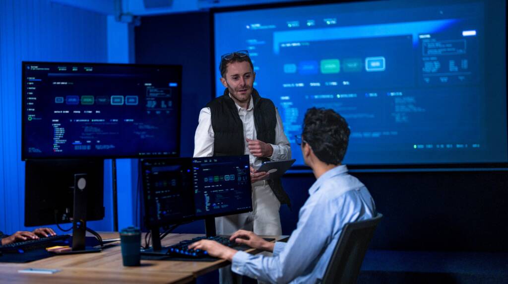 Senior Male IT Supervisor and Two Seated Analysts Reviewing Data Logs in Conference Room