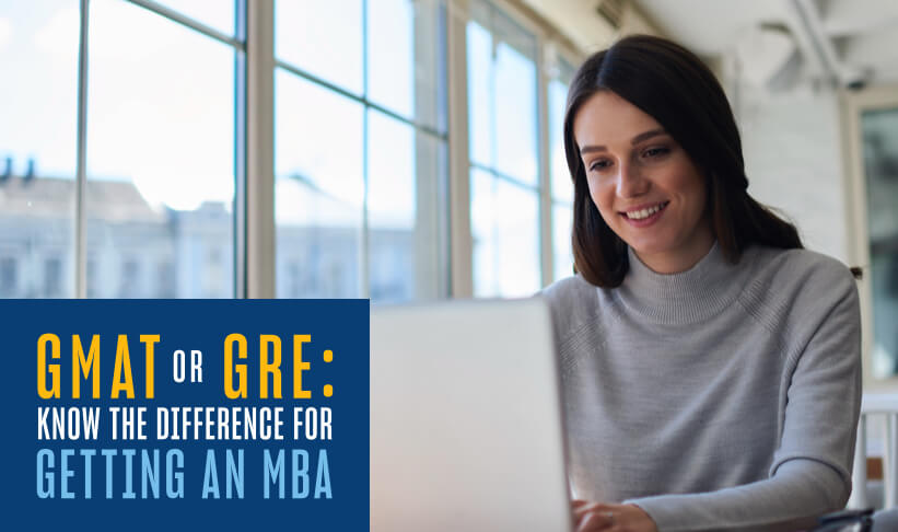 Woman-sitting-at-their-laptop-with-text-in-the-corner-saying-GMAT-or-GRE-Know-the-difference-for-getting-an-MBA.