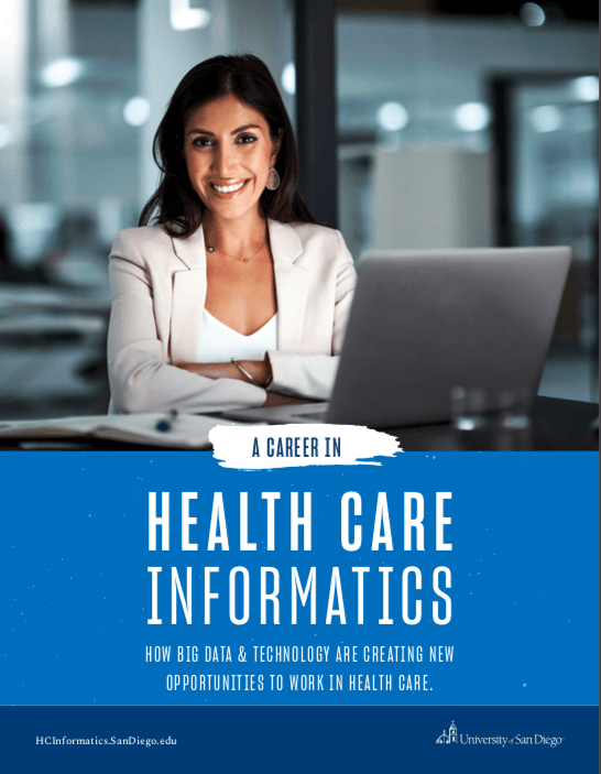 Cover-image-to-our-ebook-on-careers-in-health-care-informatics.-Image-is-of-a-woman-smiling-while-sitting-behind-her-laptop.-Ebook-title-covers-half-of-this-image-reading-"Health-Care-Informatics".
