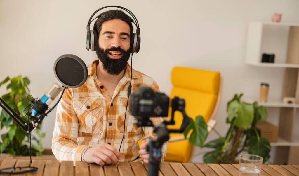 middle aged man recording a streaming podcast at home with his headphones microphone and camera