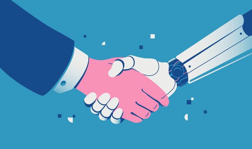 vector image of Robot hand and businessman hand shaking hands