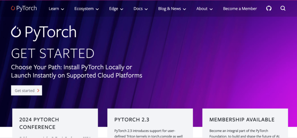 image of PyTorch's homepage