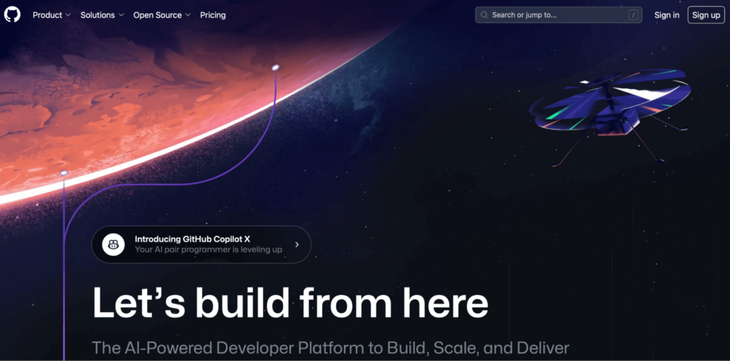 image of the github homepage with a spaceshit and planet in space