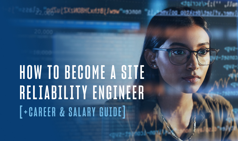 Image of a person studying computer code and network diagrams to become a site reliability engineer.