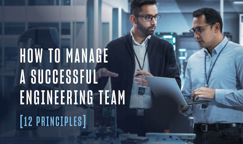 Two men in suits stand side by side, with the phrase "How to Manage a Successful Engineering Team" displayed above them.