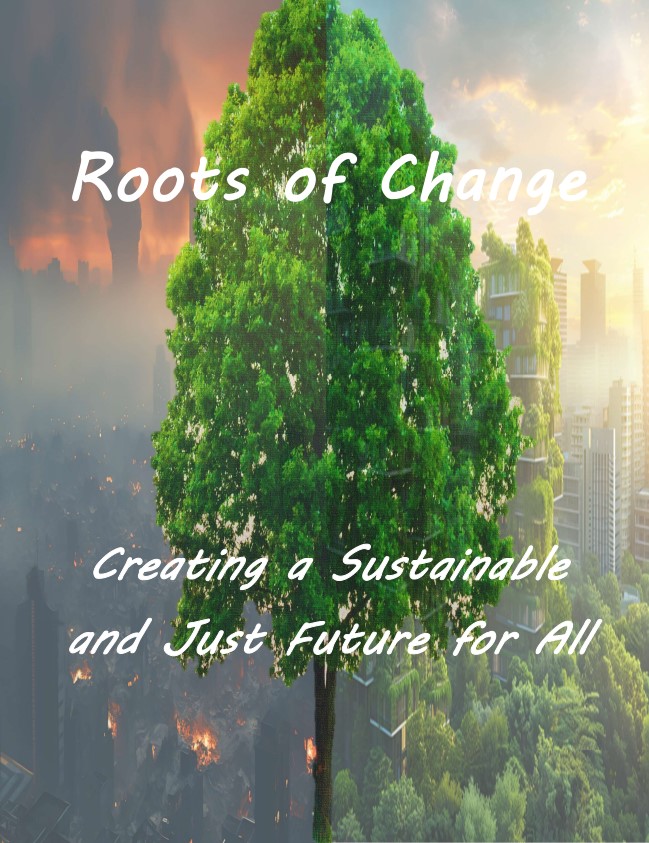 Cover for the MSESH Capstone Magazine, graduating class of Spring 2025 titled: Roots of Change, Creating a Sustainable and Just Future for All. 