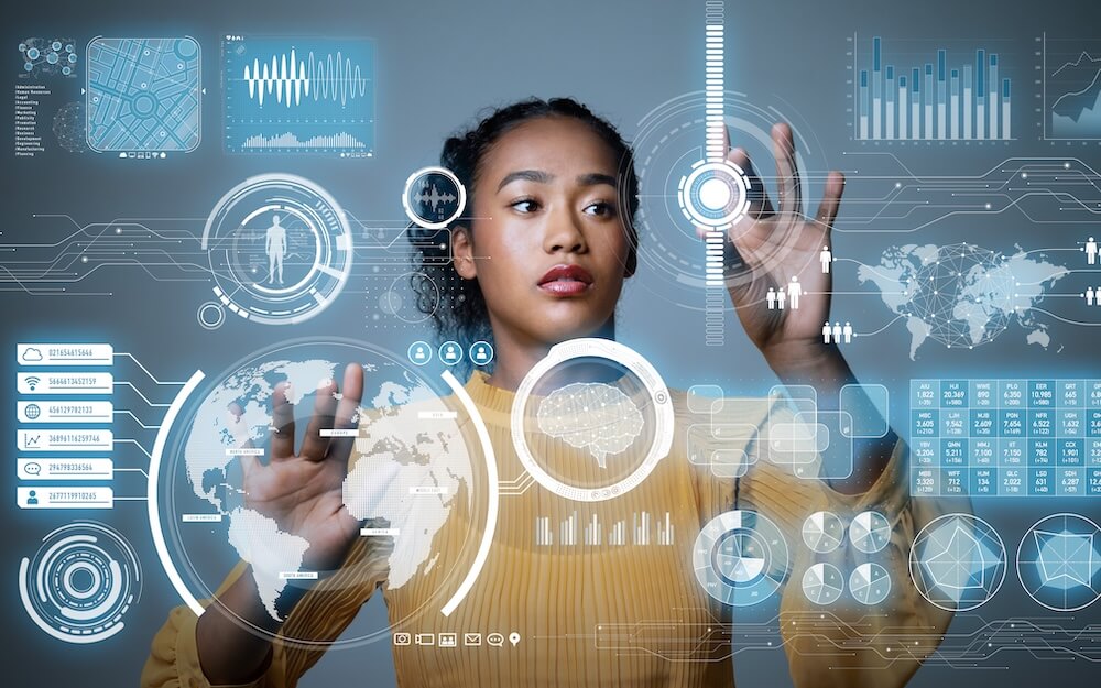 A woman using a Graphical User Interface concept.