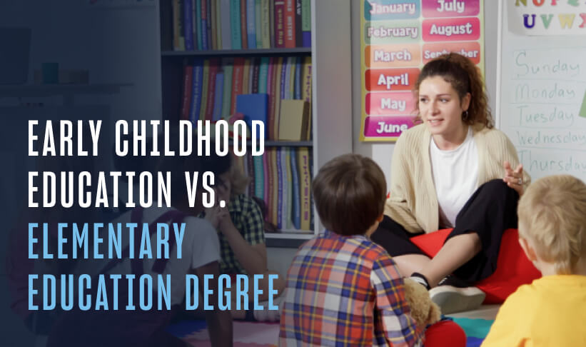 female teacher with brown ponytail sits on the floor in front of students. copy reads early childhood education vs. elementary education degree