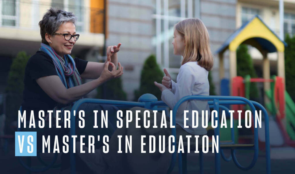 teacher with short grey hair and glasses sits outside with a young blond student on a playground, communicating with sign language