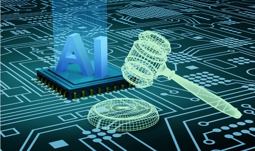 Alphabets AI on advanced central processing unit (CPU) chip and gavel and sound block in wireframe on electronic mother boards. Illustration of the concept of legislation and regulations of AI Act