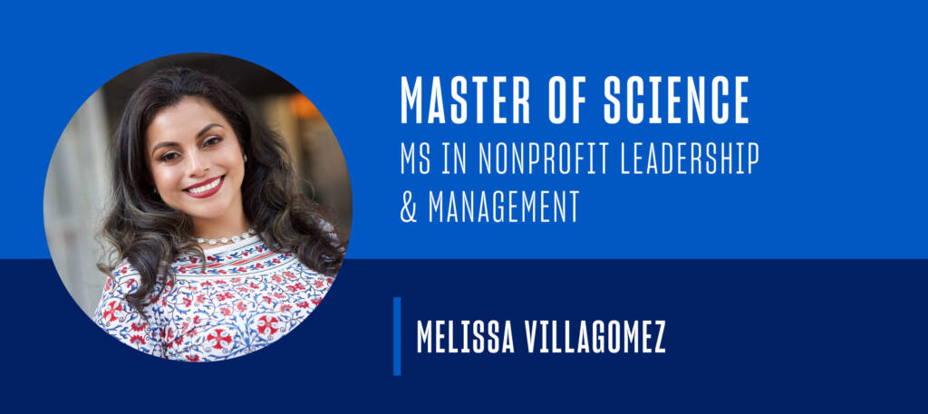 woman with curled dark hair smiles at the camera. copy beside image describes the image of being melissa villagomez a graduate of the nonprofit leadership management program at USD