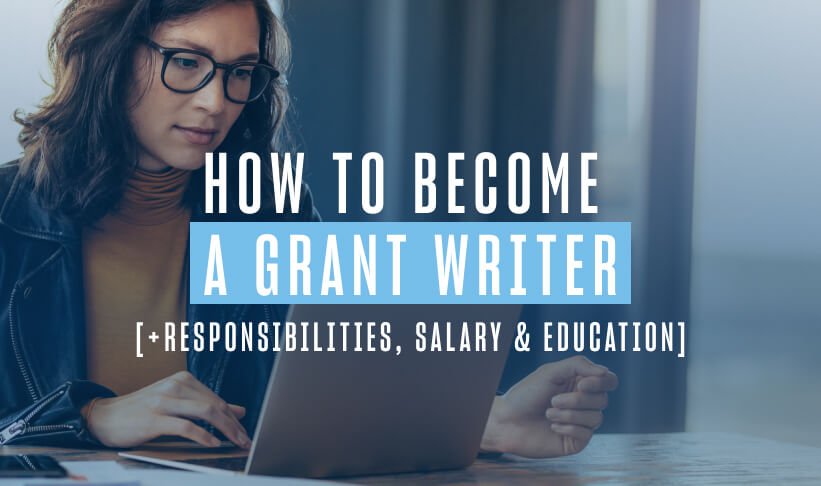 a woman with dark hair and glasses works on a laptop at a desk. copy reads how to become a grant writer