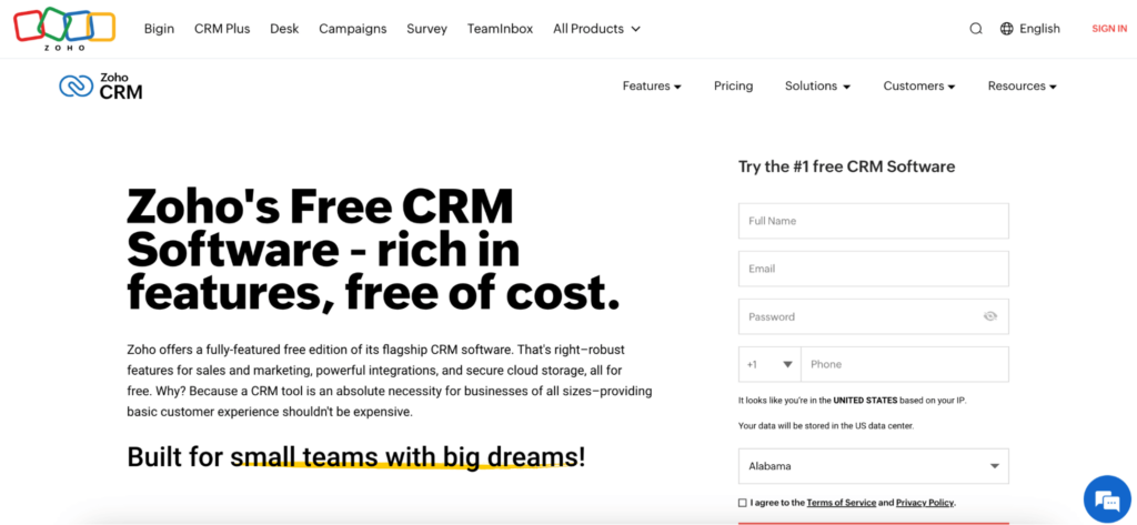 image_tooltip screenshot of the homepage of the site zoho crm
