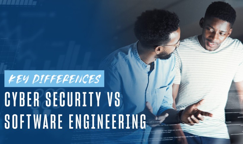 two mens stand together talking to one another, copy key difference between cyber security and cyber engineering