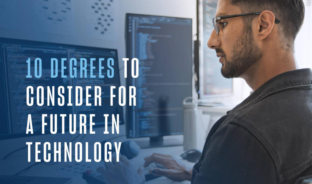 a man with dark hair and beard wearing glasses sits at a desk and looks at multiple computer screens and types on a keyboard. copy overlay reads 10 degrees to consider for a future in technology