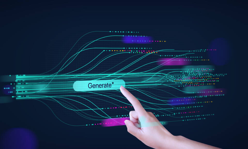 A hand touch abstract stream information. Big data, technology, AI brain, data transfer, data flow, generative AI, large language model, binary, coding background
