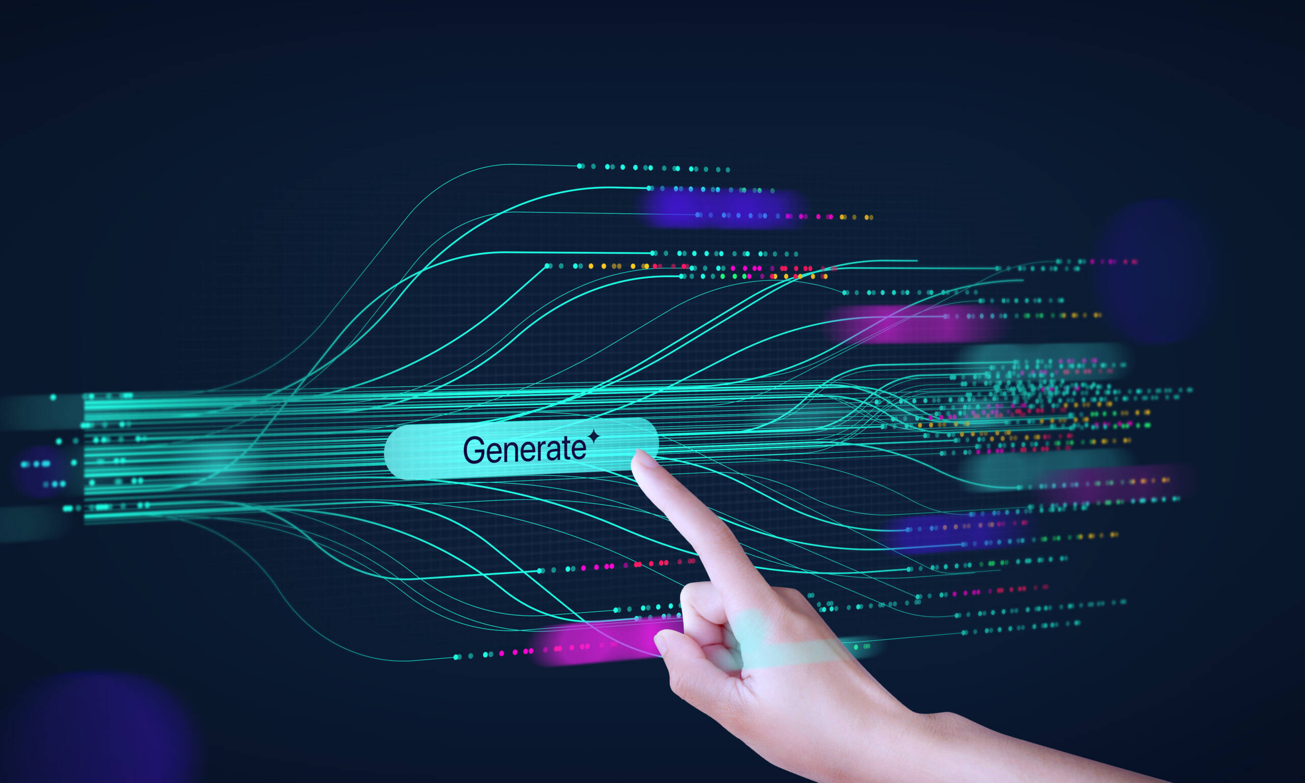 A hand touch abstract stream information. Big data, technology, AI brain, data transfer, data flow, generative AI, large language model, binary, coding background