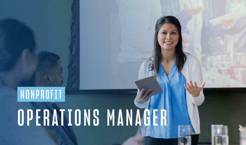 Woman standing, presenting to an audience in a room, with visible slides in the background. Text on image says nonprofit operations manager.
