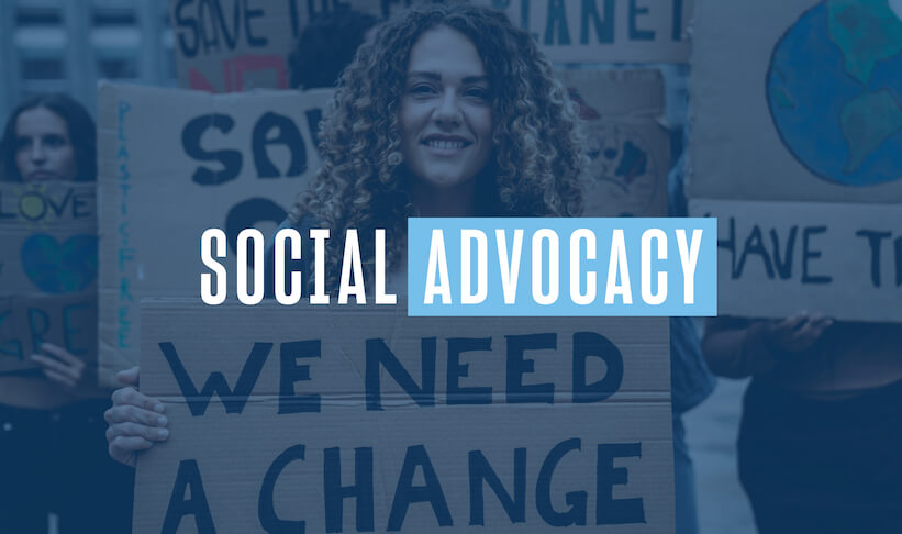 woman with curly hair holds a protest sign in favor of social change. text overlay reads social advocacy
