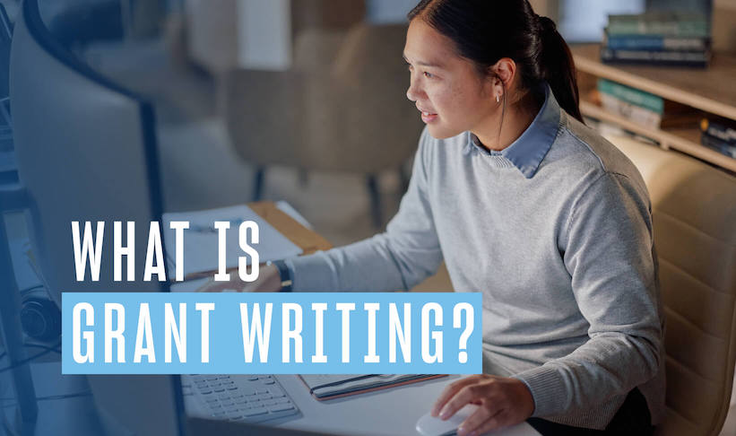 The question "What is proposal writing?" highlighted in front of a person writing a grant proposal writing.