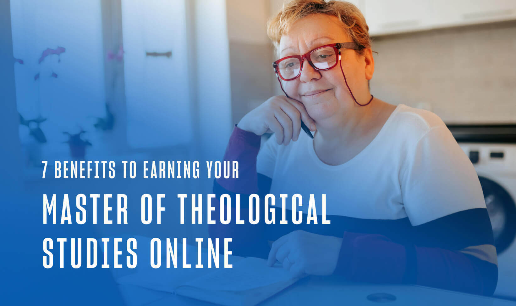 A woman wearing red glasses engaged in online learning
