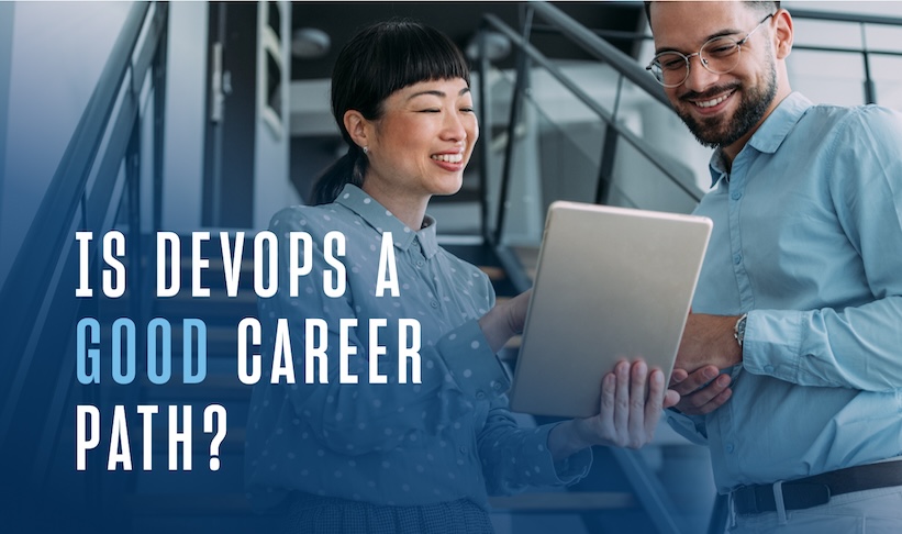 a male and female that work in devops talking together in a hallway with a pad of paper between them