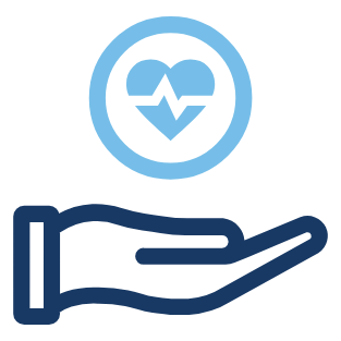 Dark blue hand with light blue medical heart above it