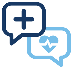 Two speech bubbles with a heart and medical sign