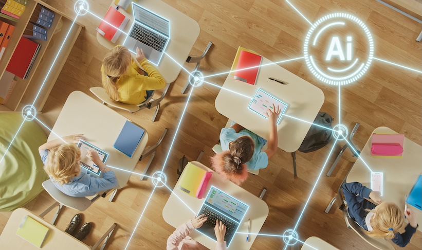Top-down View of Children in Classroom Use Tablets and Laptops, Connectivity by Lines of AI Data, Information. Diverse Kids Study with Interactive E-Learning, Modern Education, Digital Literacy.