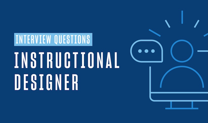 Graphic with blog title written along with an outline of a person with a speech bubble. Instructional Designer Interview Questions