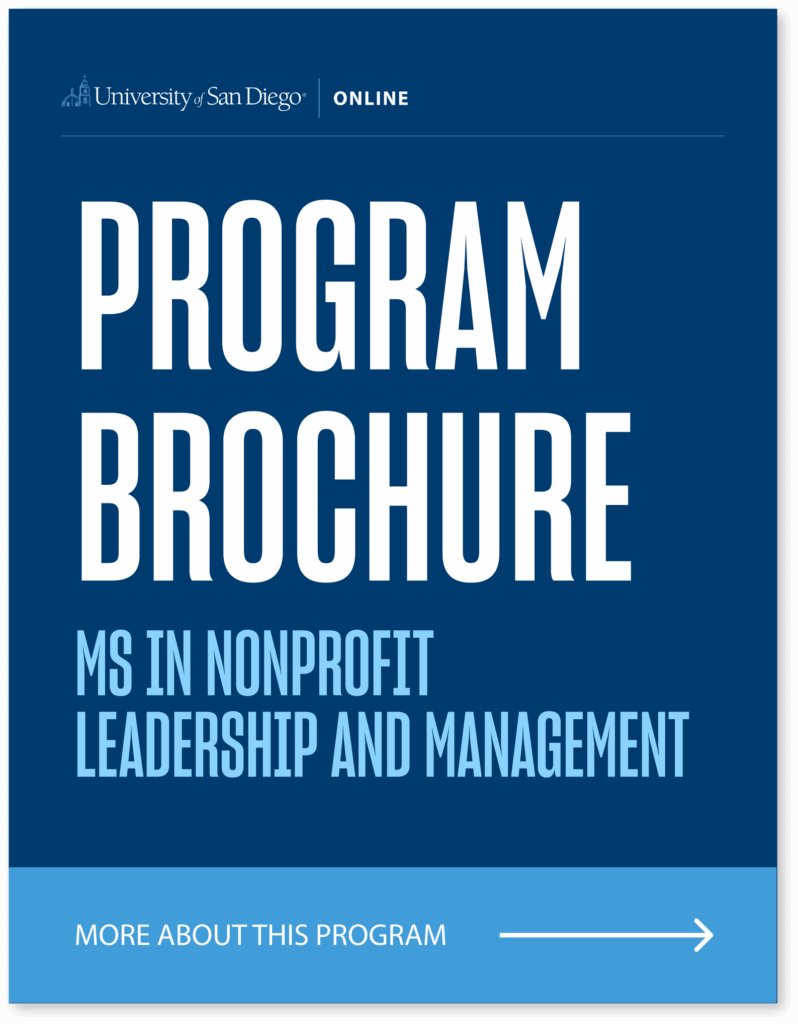 Program brochure cover for the University of San Diego Online MS in Nonprofit Leadership and Management.