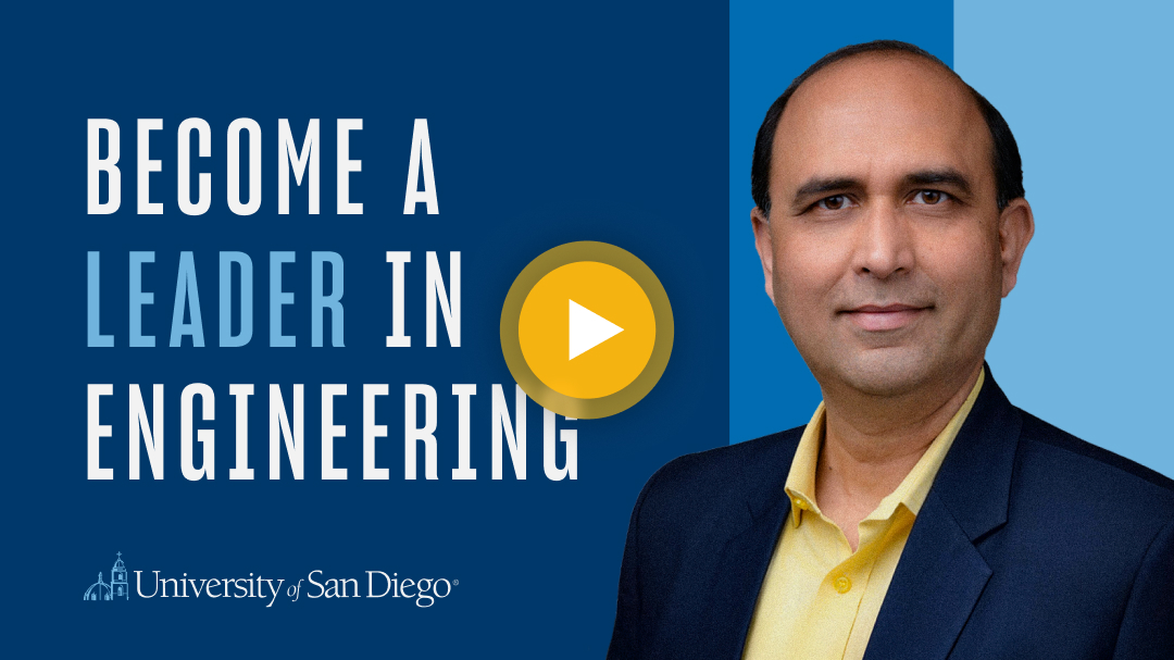 A promotional graphic from the University of San Diego featuring the text ‘Become a leader in engineering.’ A man in a navy blazer and yellow shirt stands on the right, with a yellow play button icon centered over a blue background.