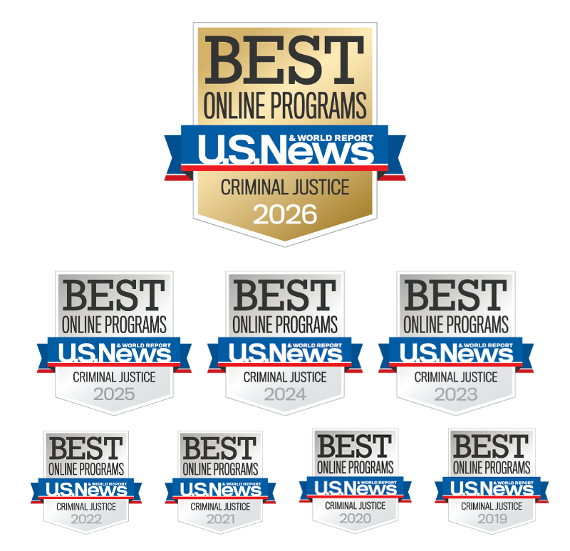 Best Online Criminal Justice Programs in the Country Logos from USNWR Rankings 2019 through 2026