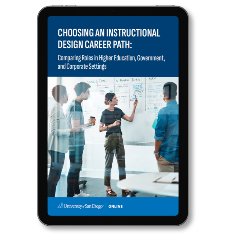 tablet showing an ebook about instructional design career paths