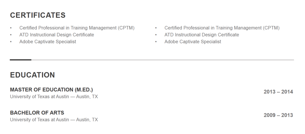 certification and education sections of a resume for an instructional designer
