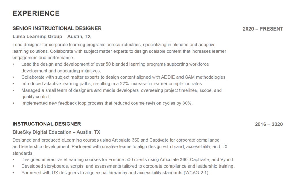 experience section of a resume for an instructional designer