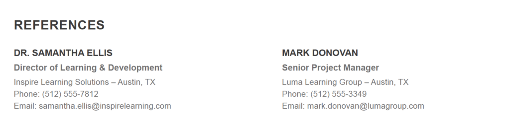 a section of an instructional designers resume showing extra information like references