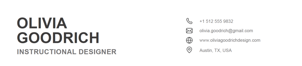 header area of a resume for an instructional designer