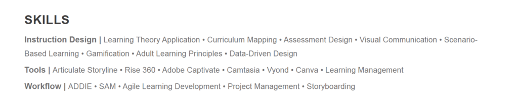 skills section of a resume for an instructional designer