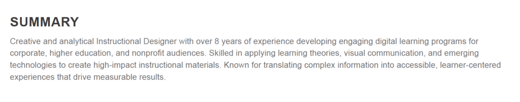 summary section of a resume for an instructional designer