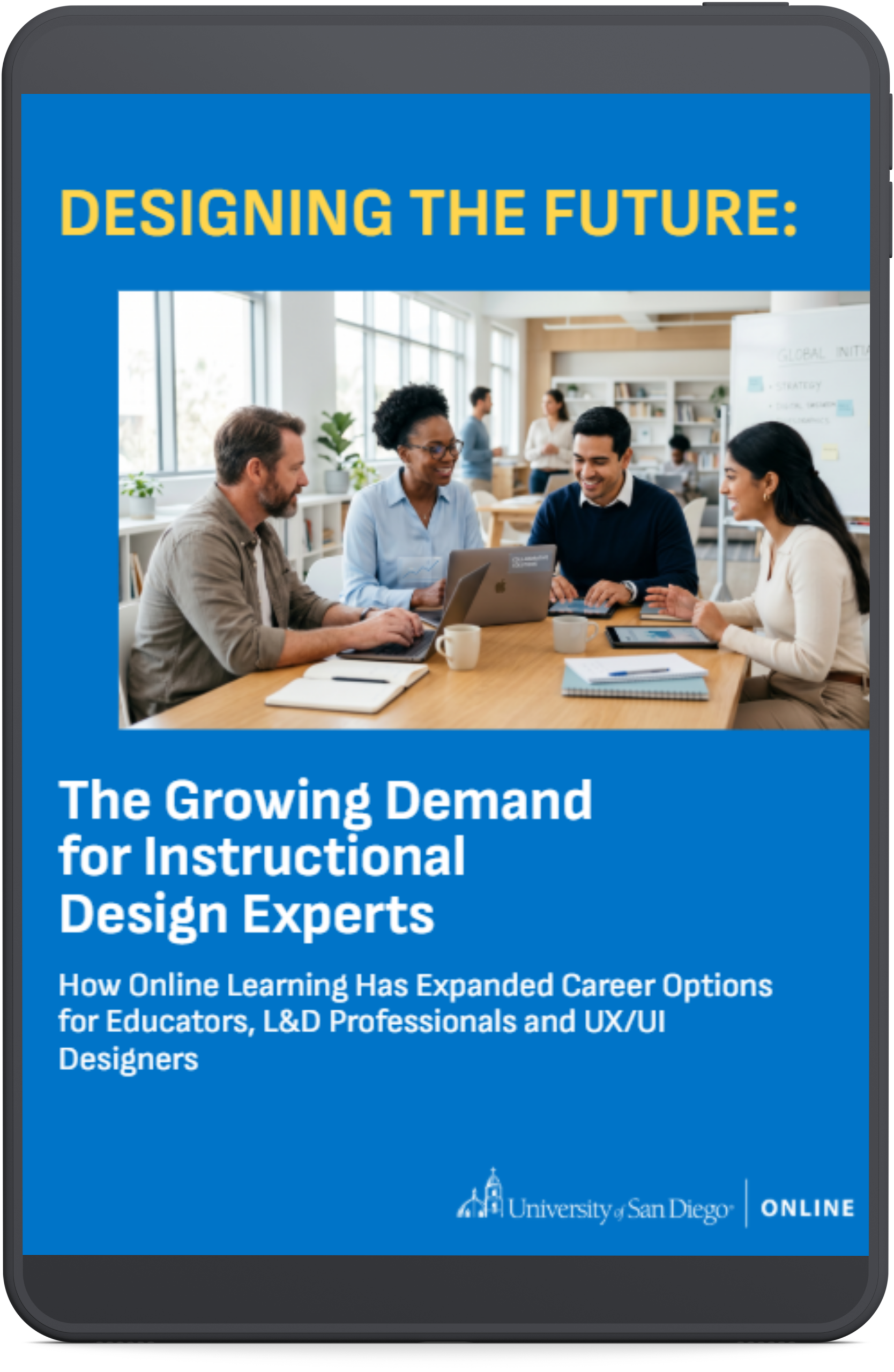 Black tablet showing the cover of an ebook titled Designing the Future: The Growing Demand for Instructional Design Experts