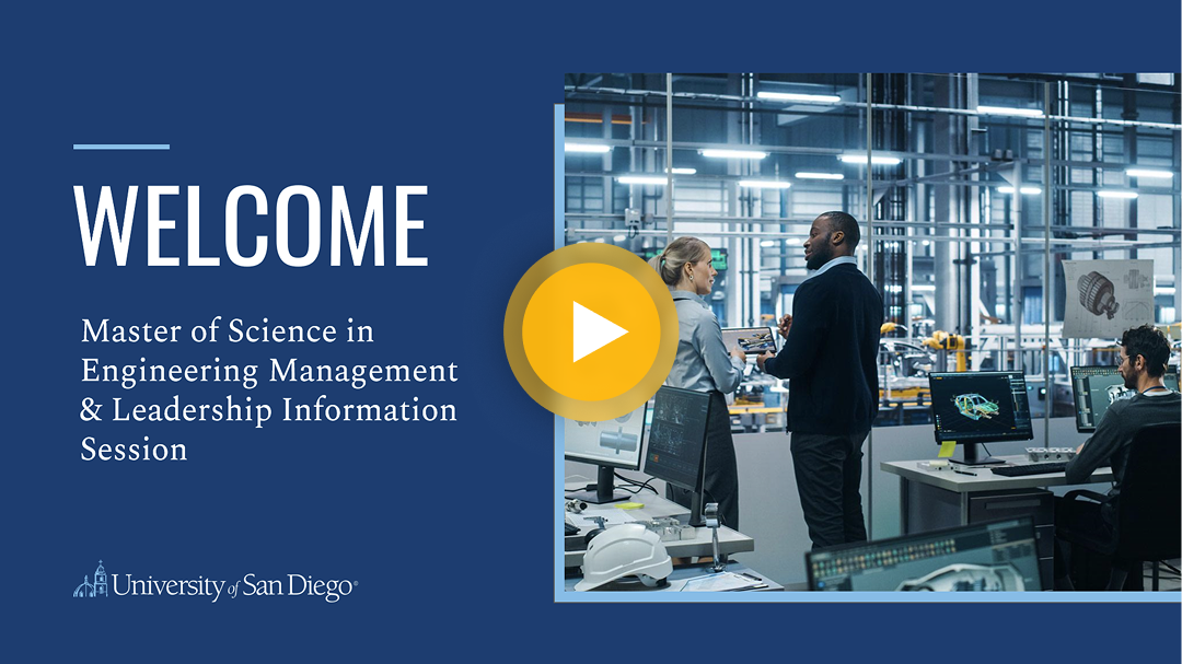 Powerpoint Cover for an Engineering Management and Leadership Information Session. Yellow play button at center.