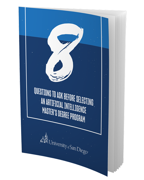 3D book cover titled “8 Questions to Ask Before Selecting an Artificial Intelligence Master’s Degree Program” from the University of San Diego.