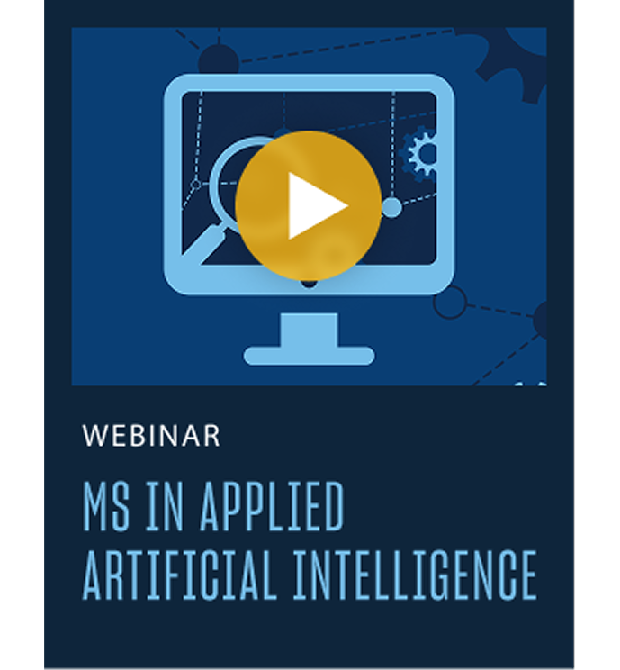 Webinar graphic for an M.S. in Applied Artificial Intelligence, featuring a computer monitor illustration with a play button and AI-themed icons.
