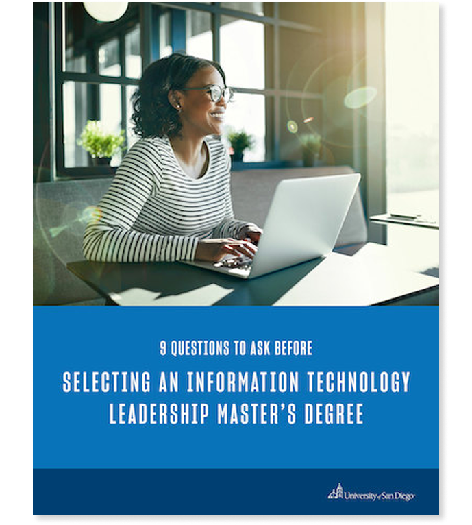 Woman working on a laptop above text promoting “9 Questions to Ask Before Selecting an Information Technology Leadership Master’s Degree” from the University of San Diego.
