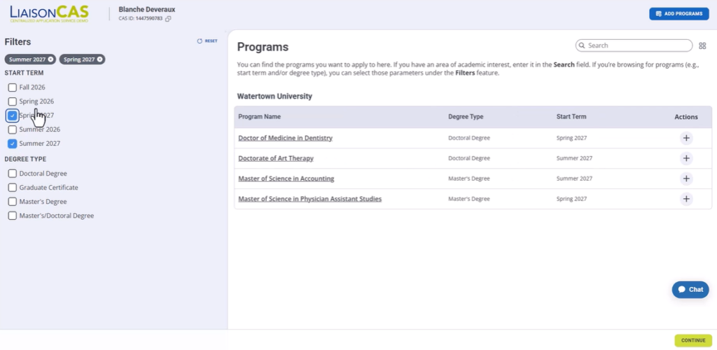 Selecting a program in Liaison 2026