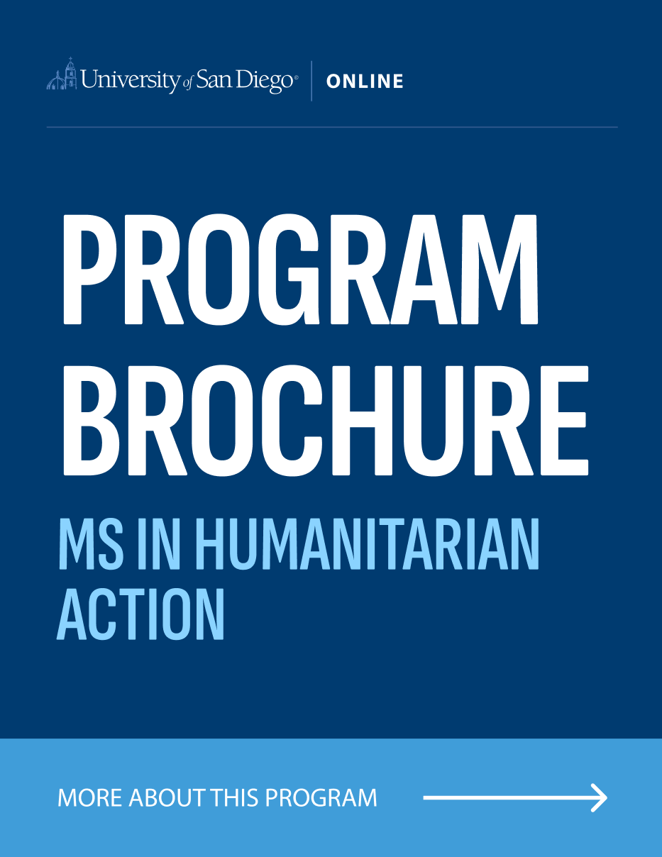 University of San Diego Online program brochure cover for the MS in Humanitarian Action, with a “More About This Program” call to action.